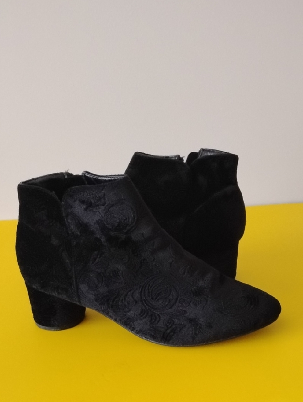JustFab Black Velvet Ankle Booties with Floral Texture